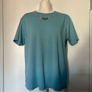 Tabi International Blue Vintage T-shirt with Floral Embroidered Neckline